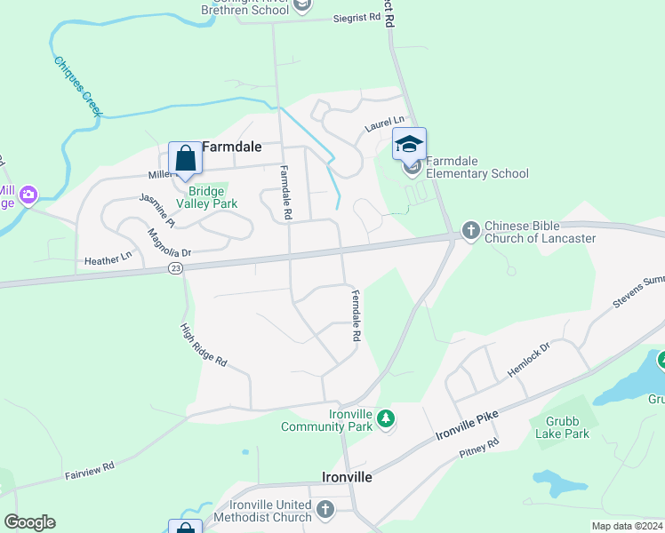 map of restaurants, bars, coffee shops, grocery stores, and more near 784 Hilltop Drive in Mount Joy