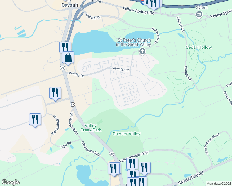 map of restaurants, bars, coffee shops, grocery stores, and more near 323 Quarry Point Road in Malvern