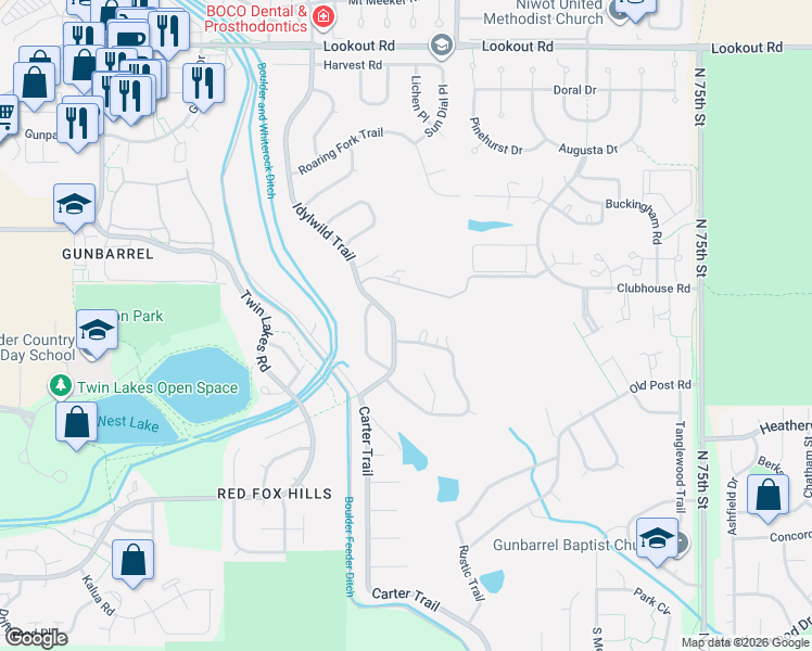 map of restaurants, bars, coffee shops, grocery stores, and more near 7096 Indian Peaks Trail in Boulder