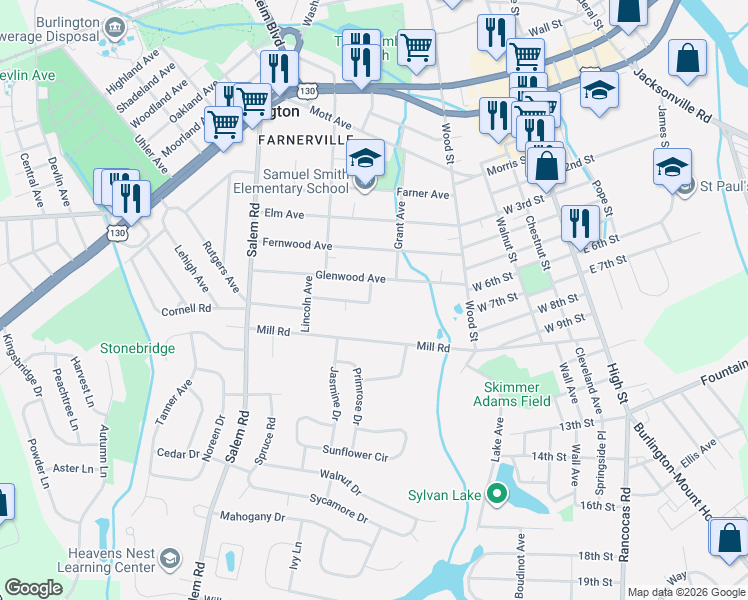 map of restaurants, bars, coffee shops, grocery stores, and more near 1121 Grant Avenue in Burlington