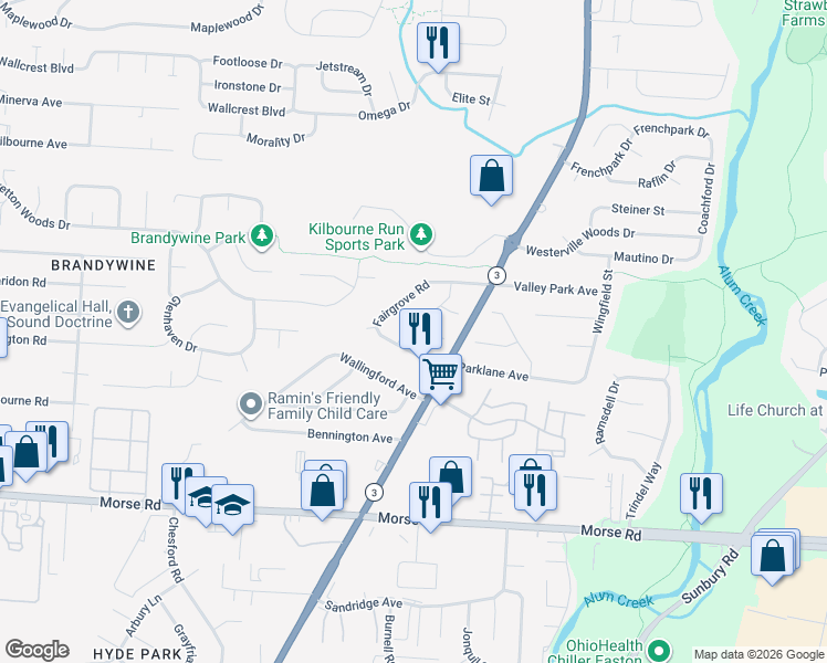 map of restaurants, bars, coffee shops, grocery stores, and more near 4581 Stonehedge Road in Columbus