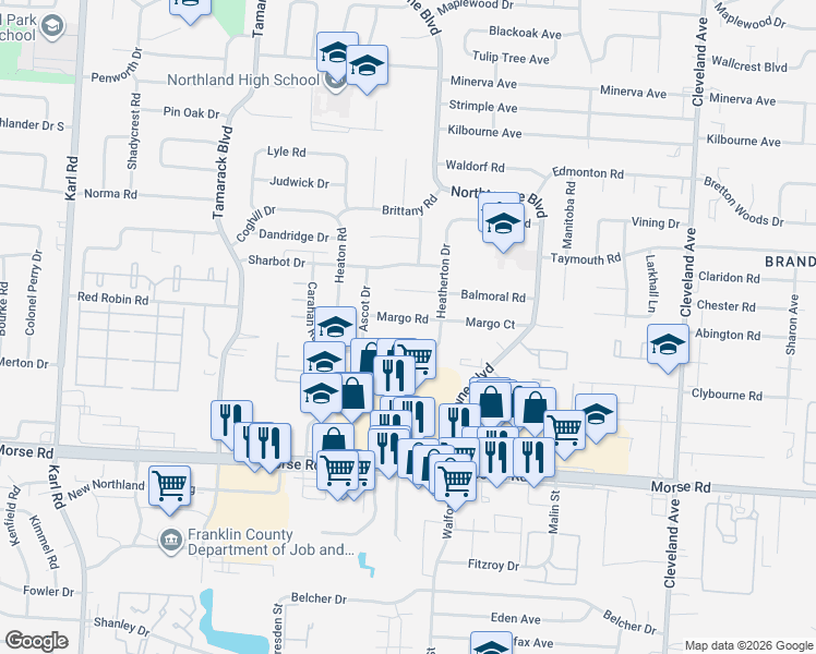 map of restaurants, bars, coffee shops, grocery stores, and more near 2063 Balmoral Court in Columbus