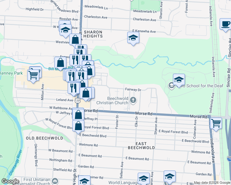 map of restaurants, bars, coffee shops, grocery stores, and more near 172-174 Fairway Court in Columbus