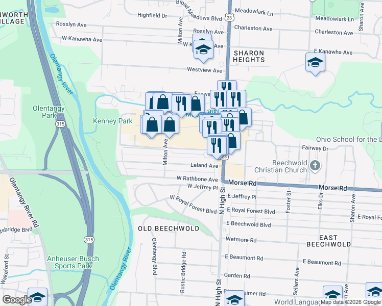 map of restaurants, bars, coffee shops, grocery stores, and more near 5019 North High Street in Columbus