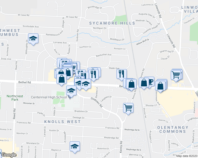 map of restaurants, bars, coffee shops, grocery stores, and more near 1301 Palmer House Court in Columbus