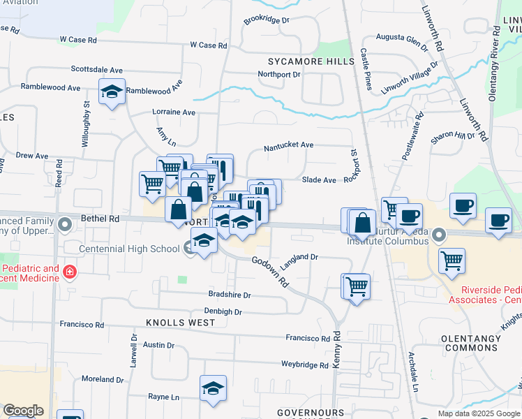 map of restaurants, bars, coffee shops, grocery stores, and more near 1301 Palmer House Court in Columbus