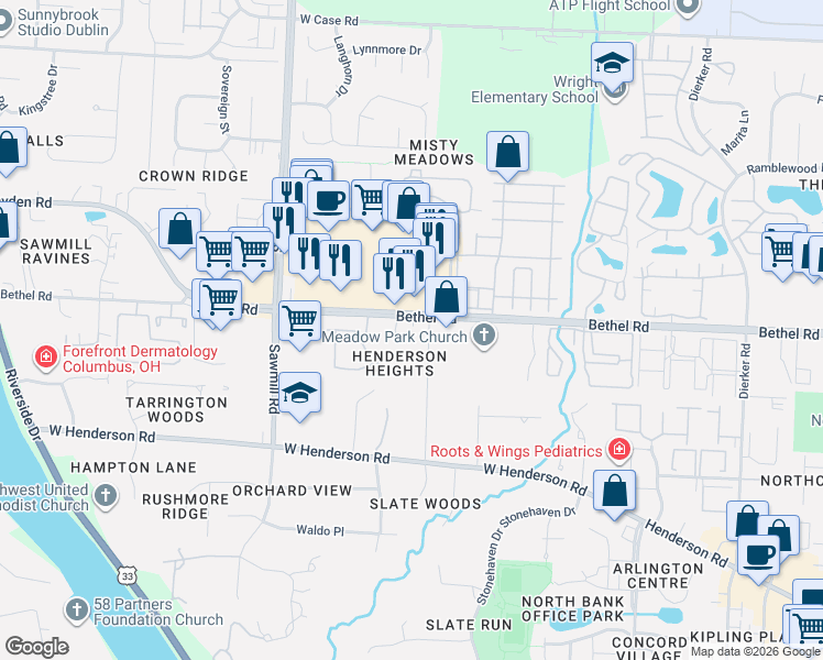 map of restaurants, bars, coffee shops, grocery stores, and more near 2524 Bethel Road in Columbus
