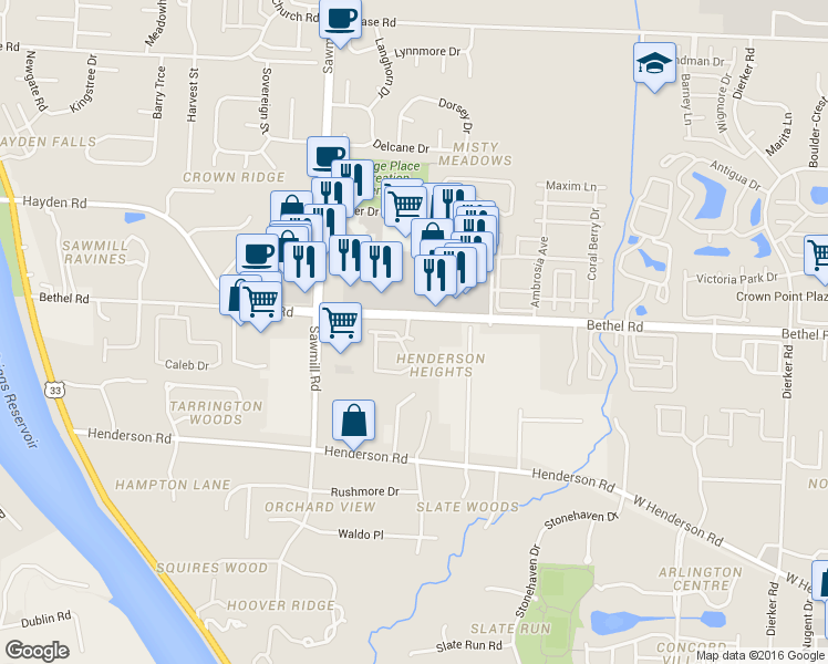 map of restaurants, bars, coffee shops, grocery stores, and more near 2640 Bethel Road in Columbus