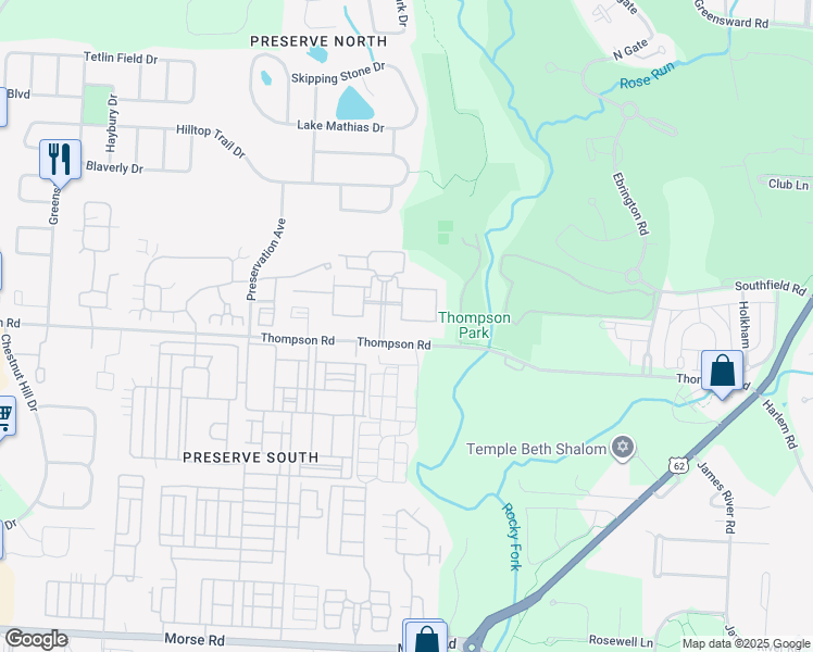 map of restaurants, bars, coffee shops, grocery stores, and more near 6519 Clifton Park Circle South in New Albany