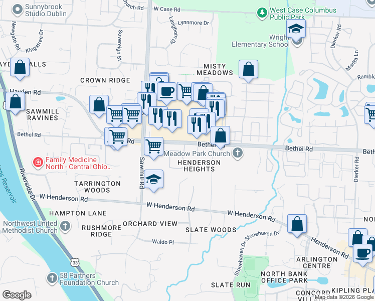 map of restaurants, bars, coffee shops, grocery stores, and more near 2640 Bethel Road in Columbus