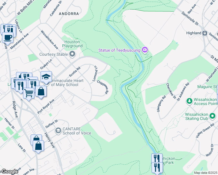 map of restaurants, bars, coffee shops, grocery stores, and more near 8428 Chippewa Road in Philadelphia