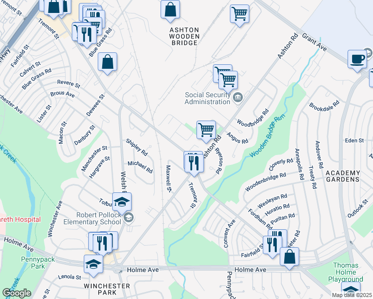 map of restaurants, bars, coffee shops, grocery stores, and more near 2749 Willits Road in Philadelphia