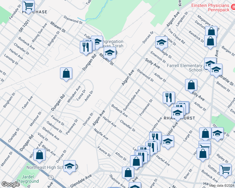 map of restaurants, bars, coffee shops, grocery stores, and more near 1600 Loney Street in Philadelphia