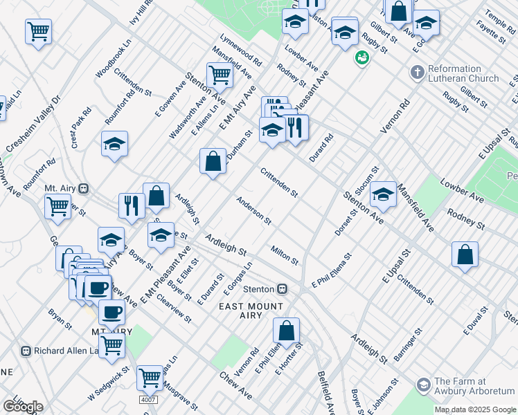 map of restaurants, bars, coffee shops, grocery stores, and more near 6935 Anderson Street in Philadelphia
