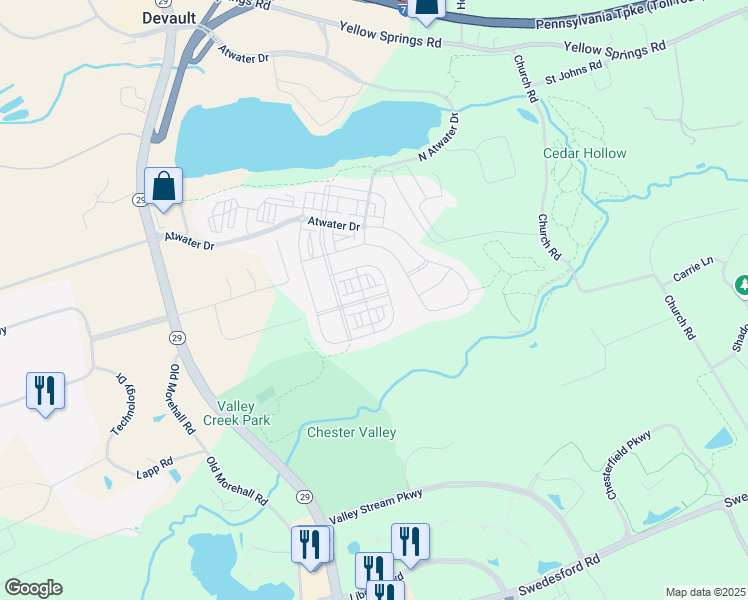 map of restaurants, bars, coffee shops, grocery stores, and more near 612 Holywell Drive in Malvern