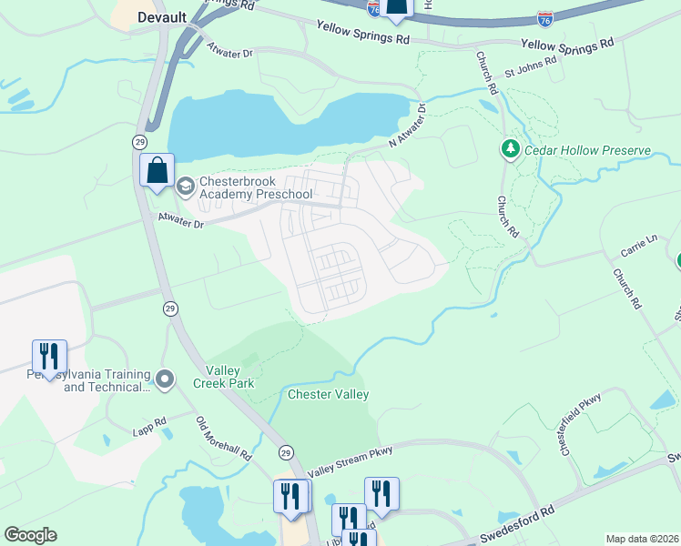 map of restaurants, bars, coffee shops, grocery stores, and more near 712 Quarry Point Road in Malvern
