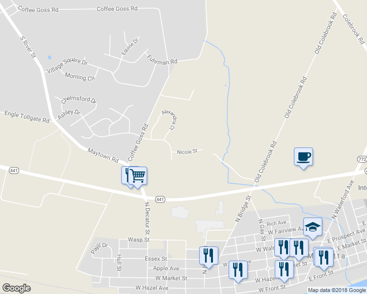map of restaurants, bars, coffee shops, grocery stores, and more near 122 Nicole Street in Marietta