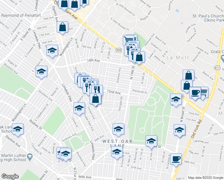 map of restaurants, bars, coffee shops, grocery stores, and more near 1969 72nd Avenue in Philadelphia