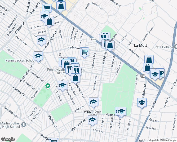 map of restaurants, bars, coffee shops, grocery stores, and more near 1969 72nd Avenue in Philadelphia
