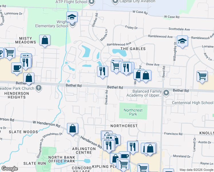 map of restaurants, bars, coffee shops, grocery stores, and more near Bethel Rd & Dierker Rd in Columbus