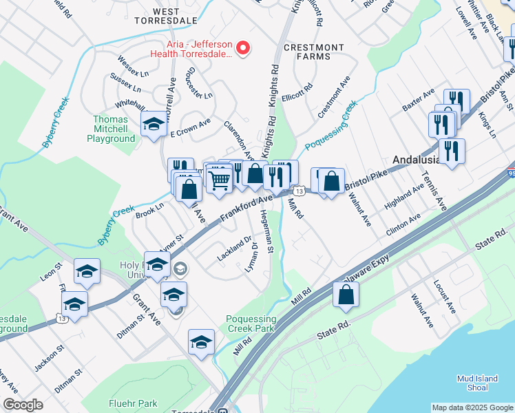 map of restaurants, bars, coffee shops, grocery stores, and more near 10036 Hegerman Street in Philadelphia