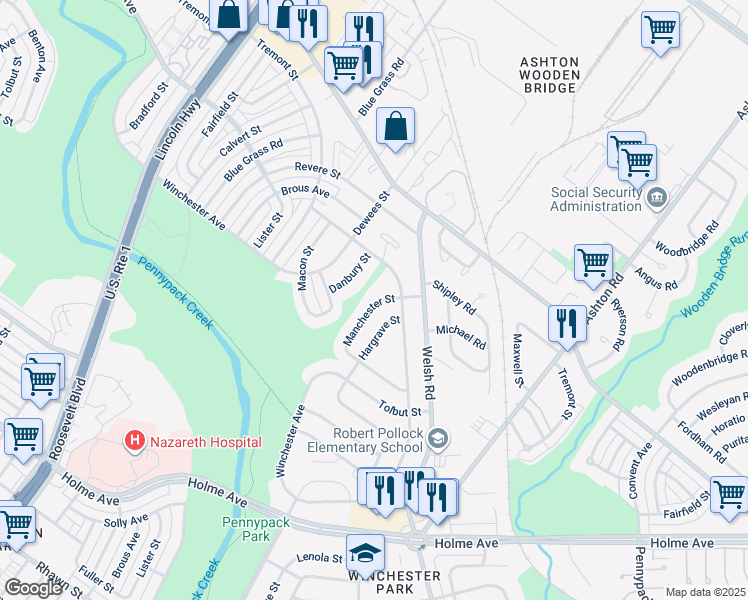 map of restaurants, bars, coffee shops, grocery stores, and more near 8830 Manchester Avenue in Philadelphia