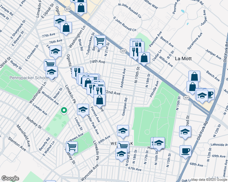 map of restaurants, bars, coffee shops, grocery stores, and more near 1981 72nd Avenue in Philadelphia