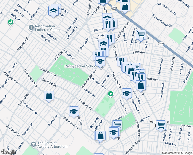 map of restaurants, bars, coffee shops, grocery stores, and more near 7368 Rugby Street in Philadelphia
