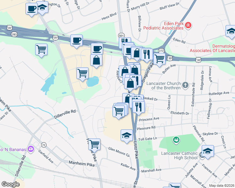 map of restaurants, bars, coffee shops, grocery stores, and more near 16 Elmwood Terrace in Lancaster