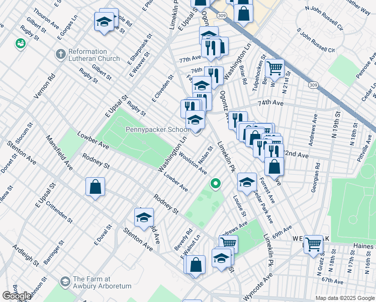 map of restaurants, bars, coffee shops, grocery stores, and more near 7368 Rugby Street in Philadelphia