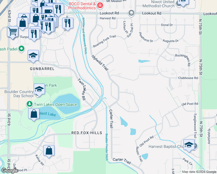 map of restaurants, bars, coffee shops, grocery stores, and more near 4977 Idylwild Trail in Boulder