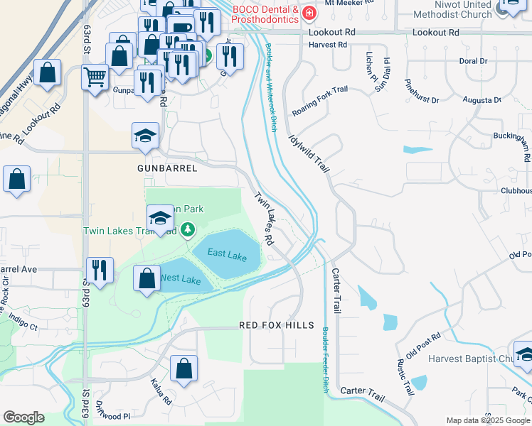 map of restaurants, bars, coffee shops, grocery stores, and more near 4955 Twin Lakes Road in Boulder