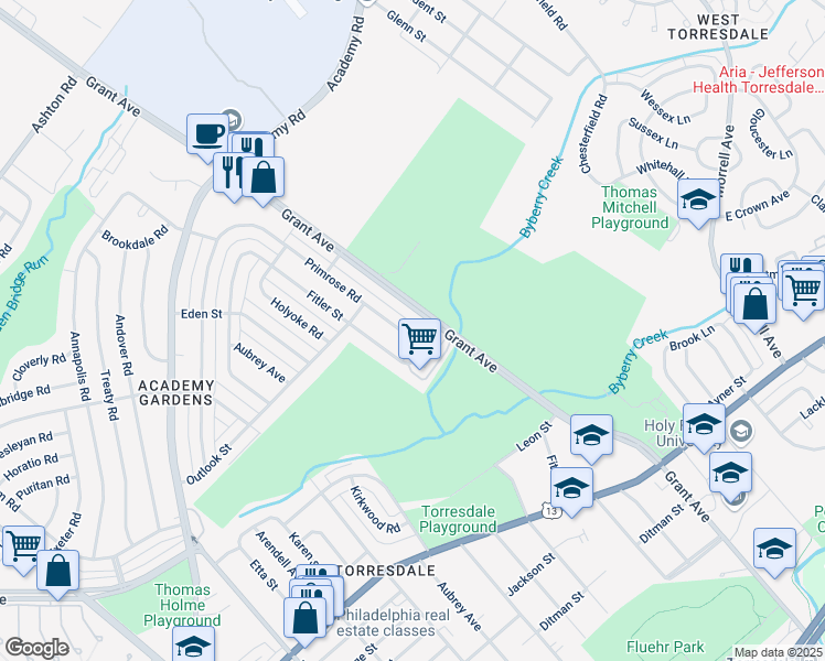 map of restaurants, bars, coffee shops, grocery stores, and more near 3574 Grant Avenue in Philadelphia