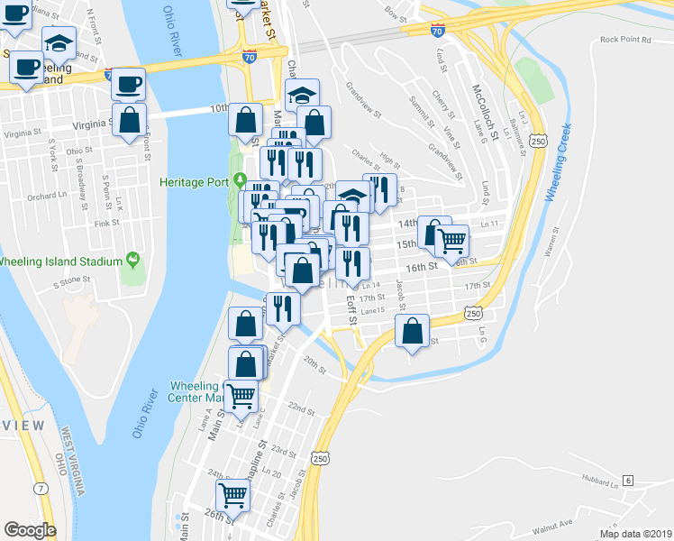 map of restaurants, bars, coffee shops, grocery stores, and more near 51 16th Street in Wheeling