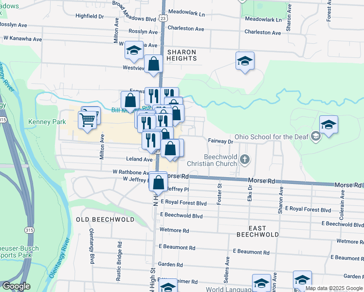 map of restaurants, bars, coffee shops, grocery stores, and more near 54 Georgetown Drive in Columbus