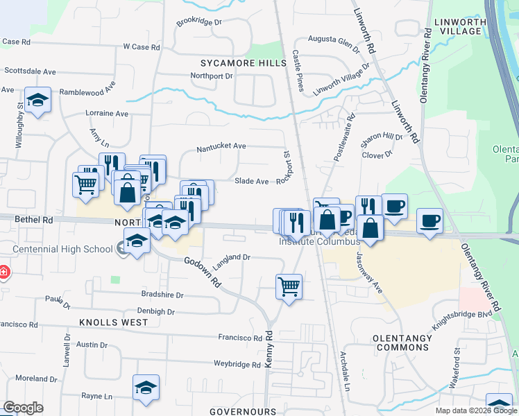 map of restaurants, bars, coffee shops, grocery stores, and more near 5213 Dahltry Lane in Columbus