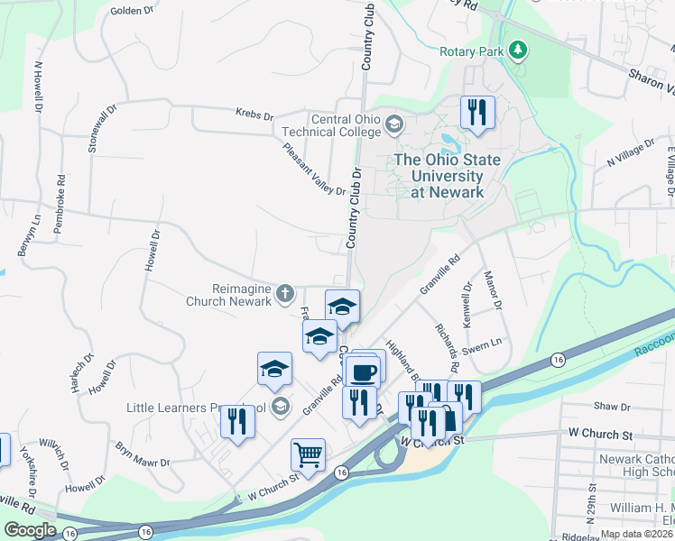 map of restaurants, bars, coffee shops, grocery stores, and more near 681 Dogwood Lane in Newark
