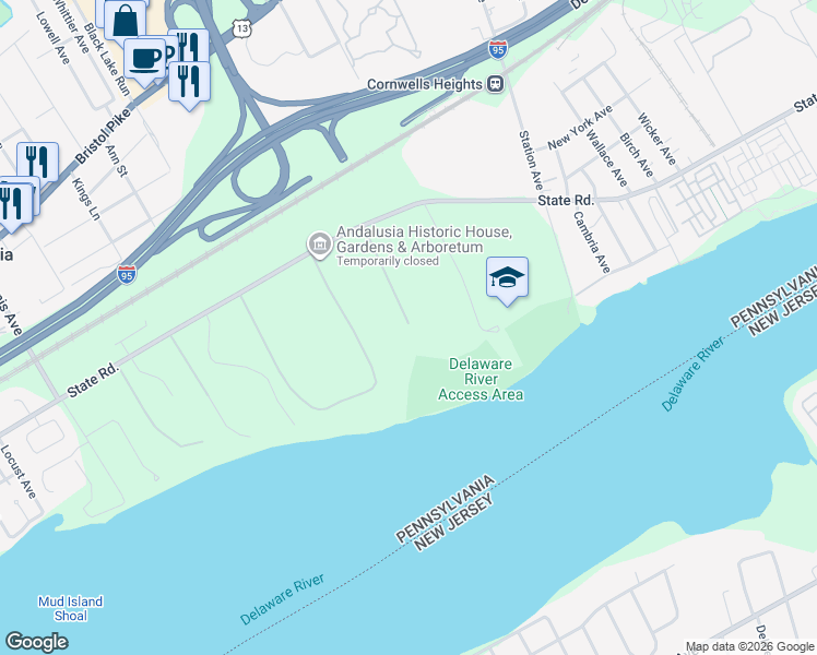 map of restaurants, bars, coffee shops, grocery stores, and more near 2-598 Wharf Road in Bensalem
