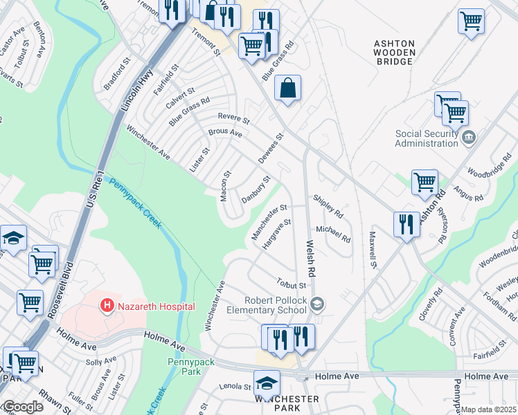 map of restaurants, bars, coffee shops, grocery stores, and more near 8819 Danbury Street in Philadelphia