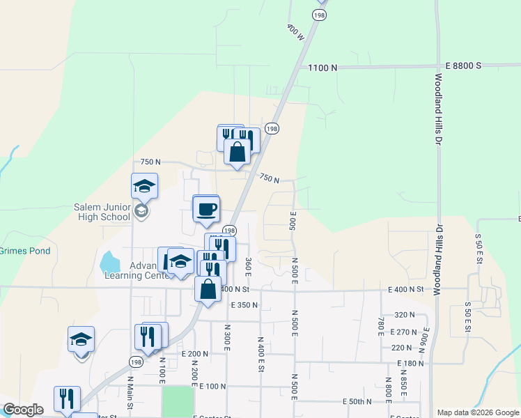 map of restaurants, bars, coffee shops, grocery stores, and more near 637 410 East in Salem