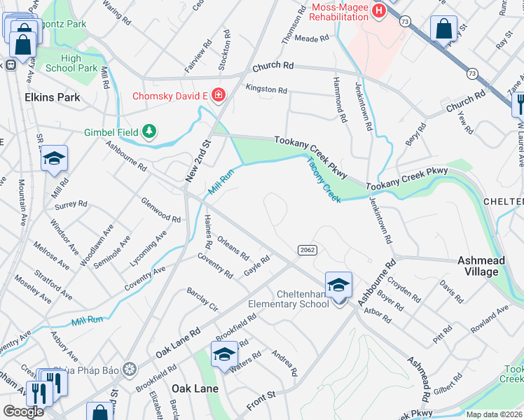 map of restaurants, bars, coffee shops, grocery stores, and more near 1129 Ashbourne Road in Montgomery County