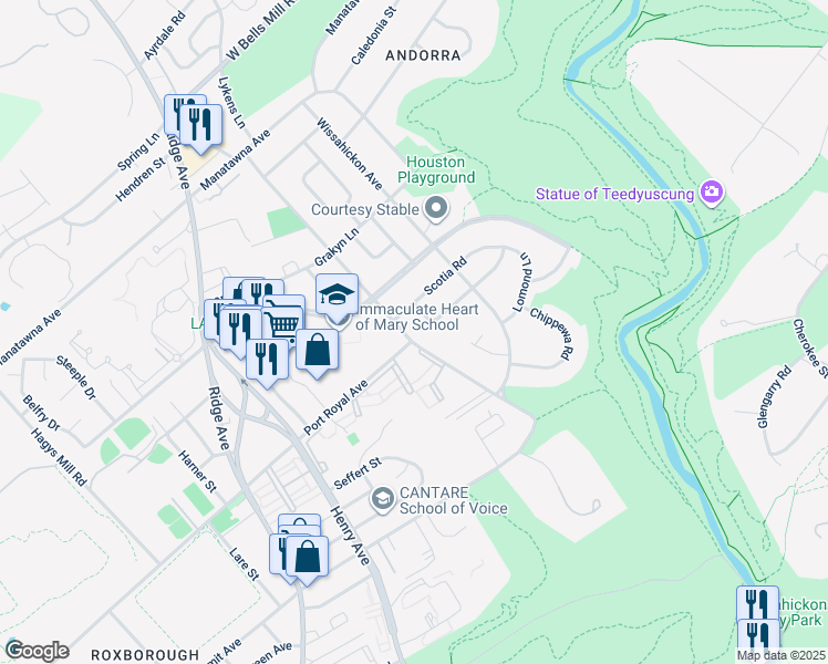 map of restaurants, bars, coffee shops, grocery stores, and more near 8569 Old Line Road in Philadelphia