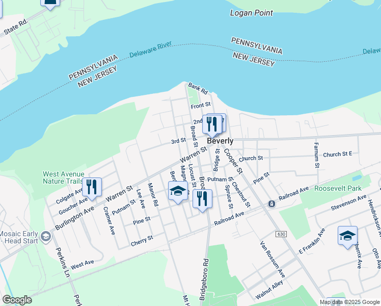 map of restaurants, bars, coffee shops, grocery stores, and more near 513 Warren Street in Beverly