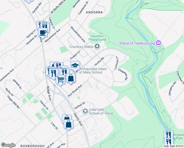 map of restaurants, bars, coffee shops, grocery stores, and more near 8569 Old Line Road in Philadelphia