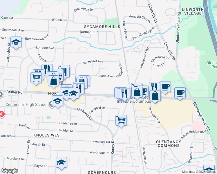 map of restaurants, bars, coffee shops, grocery stores, and more near 5213 Dahltry Lane in Columbus