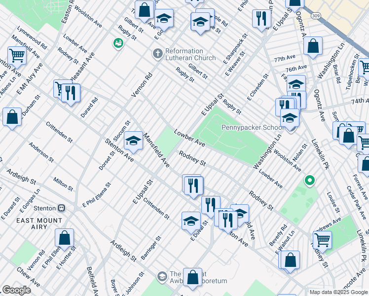 map of restaurants, bars, coffee shops, grocery stores, and more near 1605 Yerkes Street in Philadelphia
