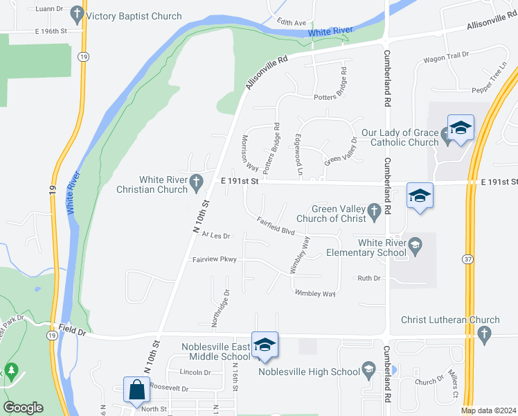 map of restaurants, bars, coffee shops, grocery stores, and more near 19005 Schubert Place in Noblesville