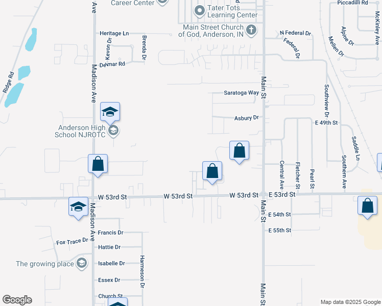 map of restaurants, bars, coffee shops, grocery stores, and more near 328 West 53rd Street in Anderson