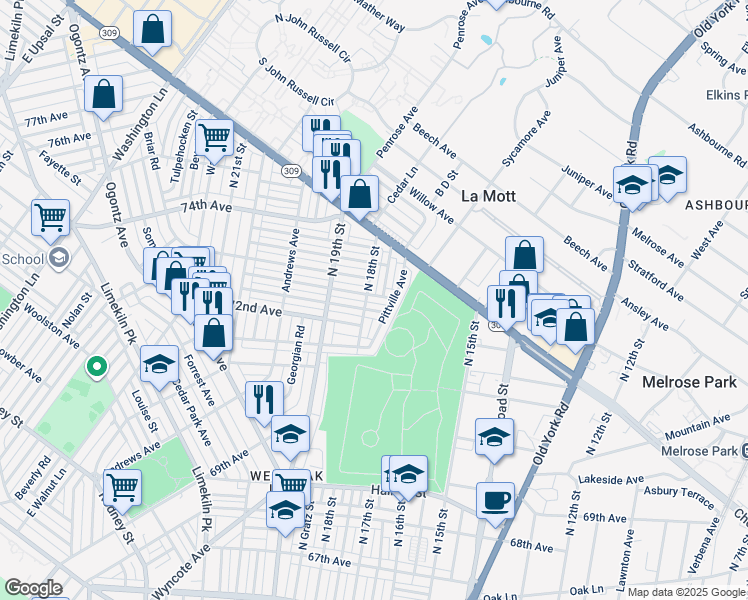 map of restaurants, bars, coffee shops, grocery stores, and more near 1718 Elston Street in Philadelphia