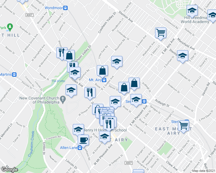 map of restaurants, bars, coffee shops, grocery stores, and more near 114 East Gowen Avenue in Philadelphia
